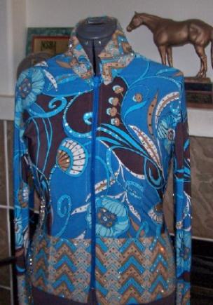 SHO-N-OFF BLUE BROWN BORDER RIAL JACKET- COVERED IN CRYSTALS!